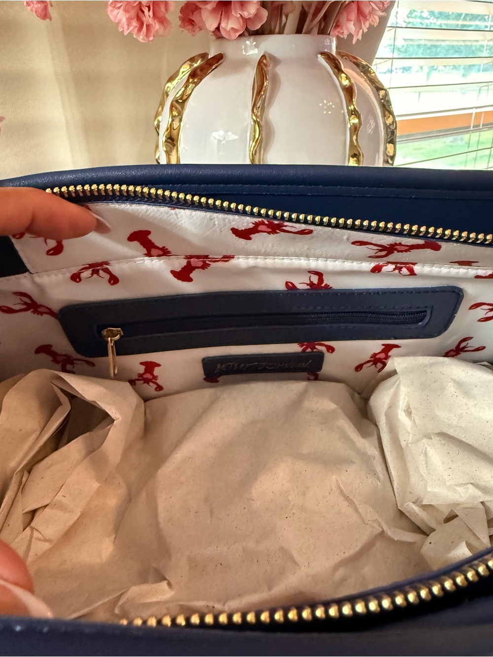 Betsy Johnson Quilted Cream & Navy Tote with Red Lobster Charm - Picture 5 of 9